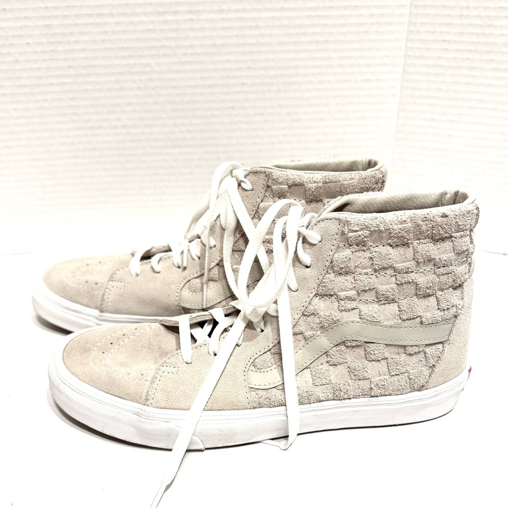 Vans Sk8-Hi Checkerboard Embossed Suede Skate Shoes Cream Suede Size W 11 M 9.5